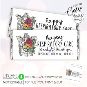 Envoltório de barra de chocolate imprimível da semana de cuidados respiratórios, apreciação da semana RT, invólucro de barra de chocolate, terapeuta pulmonar, festa de equipe de terapia hospitalar