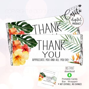 Thank you Tropical Printable Candy bar Wrapper,Staff appreciation wrapper, Medical thank you,Teacher thank you,Birthday candy bar wrapper