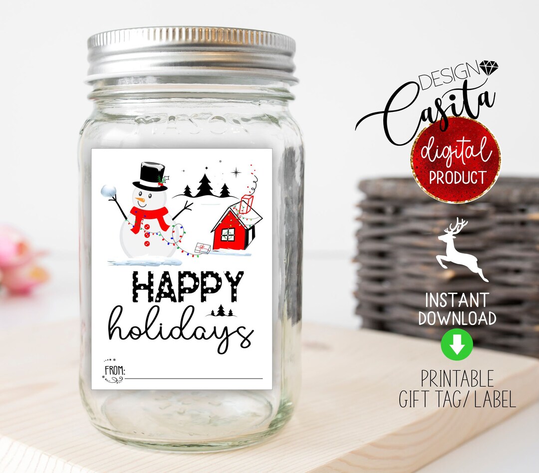 Mason Jar Happy Holidays Printable Gift Tag Label 3x4,snowman Candy Jar
