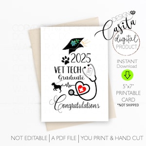 Tarjeta de felicitación plegable de 5 x 7 para imprimir, graduada de veterinaria, regalo para estudiantes de veterinaria, clase de 2025, graduado de la escuela de veterinaria, médico veterinario