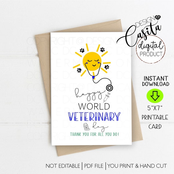 Happy World Veterinary Day printable 5x7 folded greeting card,Veterinarian thank you,Vet school printable,animal doctor appreciation