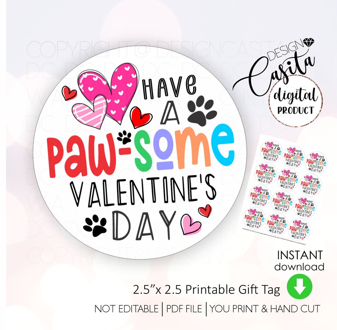 Pawsome Dog Cat Happy Valentine's Day Round 2.5 Printable Gift Tag ...