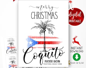 Coquito Merry Christmas Printable gift tag label,Puerto Rican traditional holiday drink,homemade coquito bottle,spiced egg nog ,DIY sticker