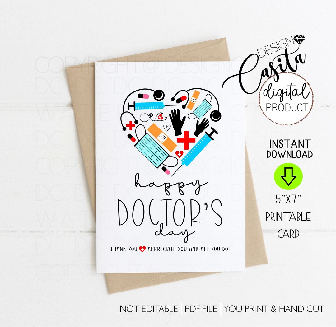 Doctor's Day Thank You Printable 5x7 Folded Greeting Card,heart Medical ...