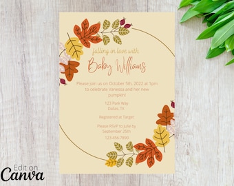 Fall Baby Shower Invite | Pumpkin Baby Shower | Fall Leaves Baby Shower | Editable Invitation on Canva