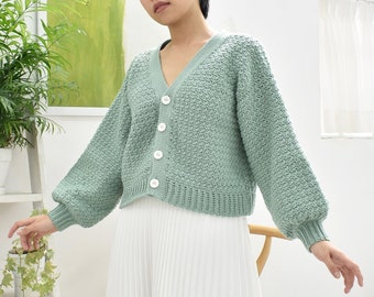 Crochet cardigan pattern, Easy crochet modern cardigan, Balloon sleeves sweater pattern, V-neck cardigan, Easy crochet sweater pattern