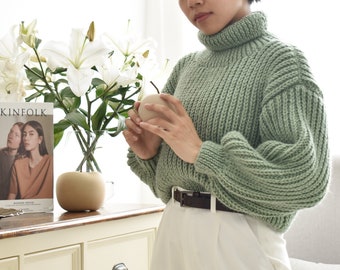 Knitting sweater pattern, Easy chunky knit sweater, Turtleneck sweater pattern, Oversized knit sweater, Chunky knitting pullover