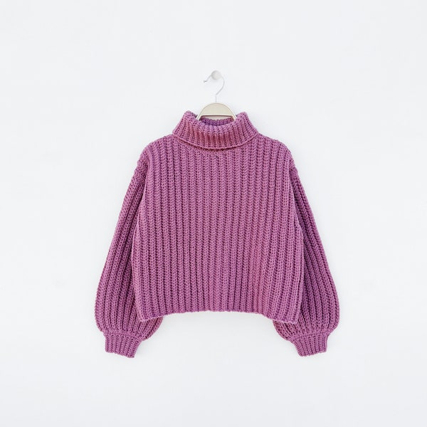 Crochet Balloon Sleeve Sweater Pattern: Easy Ribbed Pullover Pattern (English)