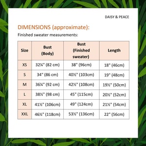 May include: A size chart for a sweater, showing measurements in inches and centimeters for bust and length. The chart includes sizes XS through XXL.