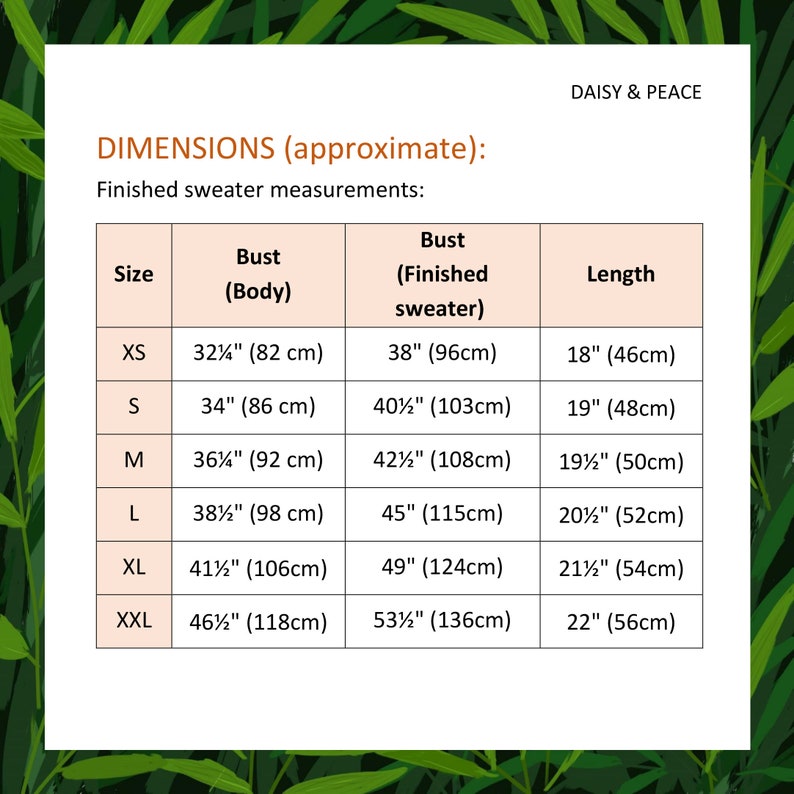 May include: A size chart for a sweater, showing measurements in inches and centimeters for bust and length. The chart includes sizes XS through XXL.