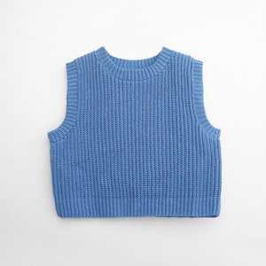 May include: A light blue sleeveless knitted sweater vest.