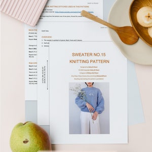 May include: A knitting pattern for a blue sweater with a white background. The pattern is called "Sweater No. 15" and is designed by Daisy & Peace. The pattern includes 7 pages and is available on Etsy.