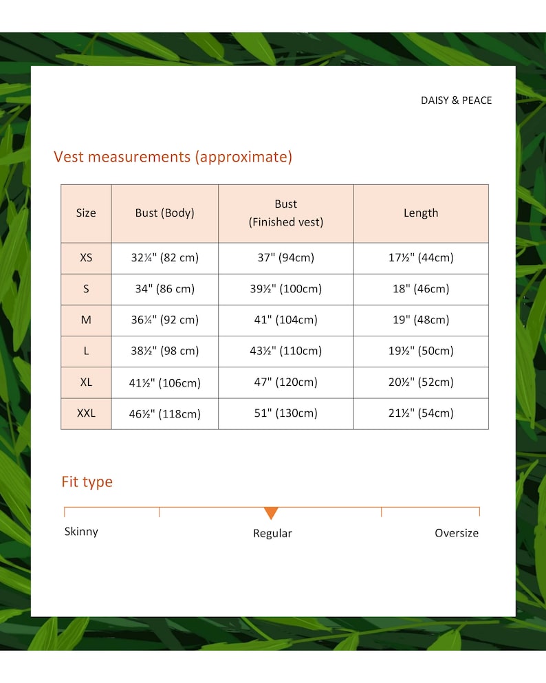 K&ouml;nnte beinhalten: Eine Tabelle mit den Vest-Ma&szlig;en in Zoll und Zentimetern f&uuml;r die Gr&ouml;&szlig;en XS bis XXL. Die Tabelle enth&auml;lt Brustma&szlig;e f&uuml;r sowohl K&ouml;rper als auch fertiges Vest sowie L&auml;ngenma&szlig;e. Die Tabelle enth&auml;lt auch einen Passform-Typ-Leitfaden mit Optionen f&uuml;r schmal, regul&auml;r und &uuml;bergro&szlig;.