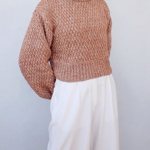 May include: A brown and white cropped sweater with a textured knit pattern. The sweater has long sleeves and a round neckline.