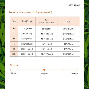 May include: A size chart for a sweater by Daisy & Peace, featuring a table with columns for size, body bust, finished sweater bust, and length in inches and centimeters. Below the table is a fit type scale ranging from skinny to oversize.
