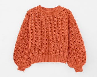 Modèle de pull côtelé au crochet, Modèle de pull au crochet facile, Pull à manches ballon, Pull au crochet moderne, Modèle de cardigan confortable au crochet