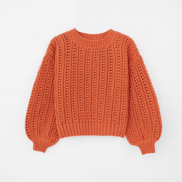 Crochet Balloon Sleeve Sweater Pattern: Easy Ribbed Pullover Pattern (English)