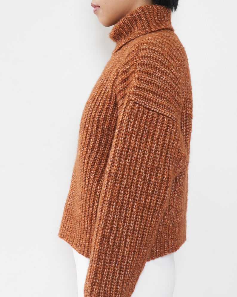 May include: A brown turtleneck sweater with a ribbed knit texture. The sweater has a slightly cropped length and long sleeves.