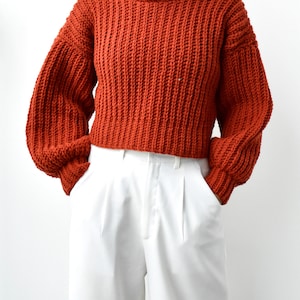 May include: A rust-colored turtleneck sweater with a chunky knit texture. The sweater has a cropped length and long sleeves.