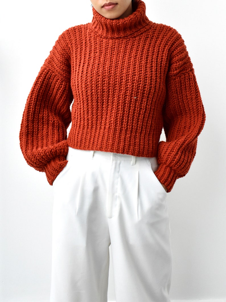 May include: A rust-colored turtleneck sweater with a chunky knit texture. The sweater has a cropped length and long sleeves.