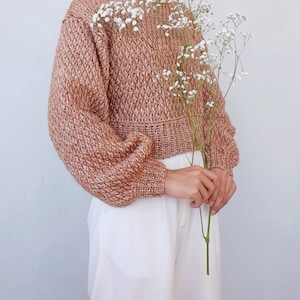 May include: A brown and white knit cropped sweater with long sleeves and a round neckline. The sweater is worn by a person holding a bouquet of white baby's breath flowers.