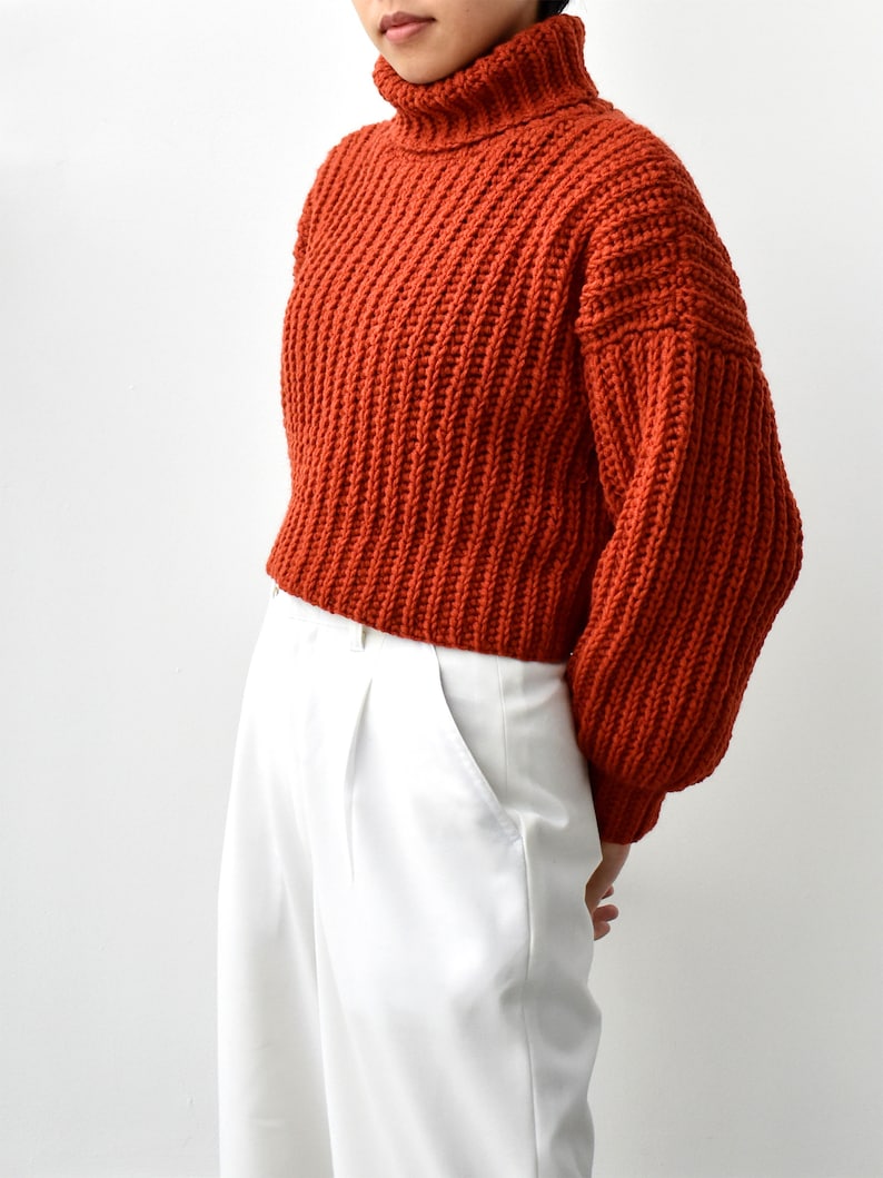 May include: A rust-colored chunky knit turtleneck sweater with long sleeves and a cropped length.