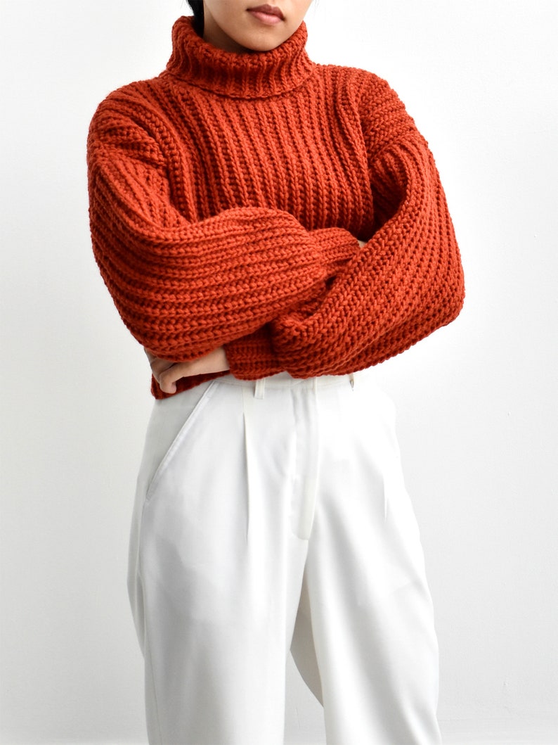 May include: A rust-colored turtleneck sweater with a ribbed knit texture. The sweater is cropped and has a relaxed fit.