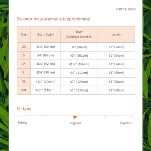 May include: A size chart for a sweater, showing bust and length measurements in inches and centimeters for sizes XS to XXL. The chart also includes a fit type scale with "Skinny", "Regular", and "Oversize" labels.