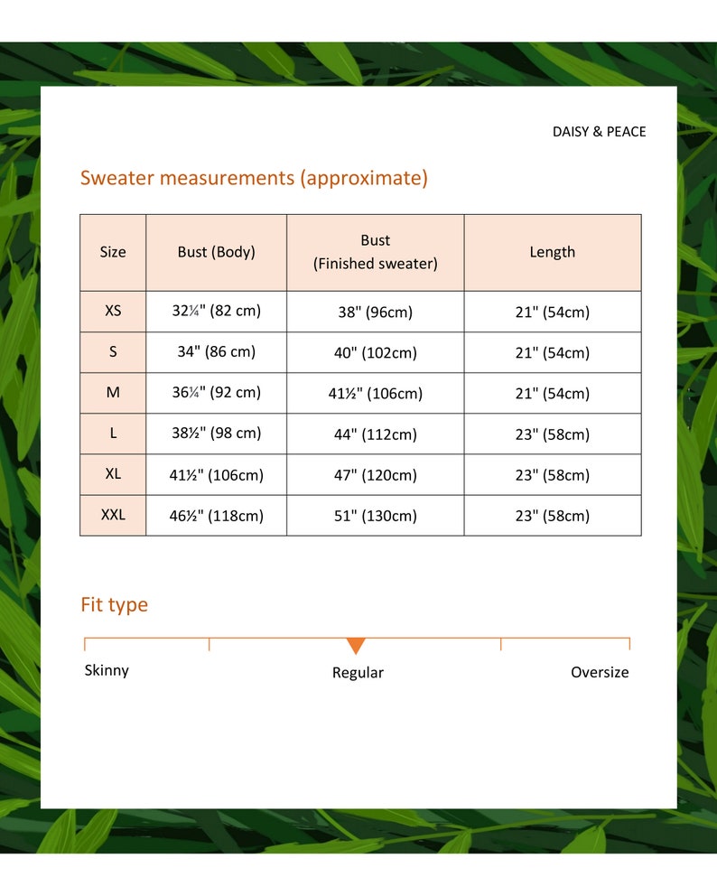 May include: A size chart for a sweater, showing bust and length measurements in inches and centimeters for sizes XS to XXL. The chart also includes a fit type scale with "Skinny", "Regular", and "Oversize" labels.