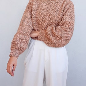 May include: A brown and white speckled knit sweater with long sleeves and a round neckline.