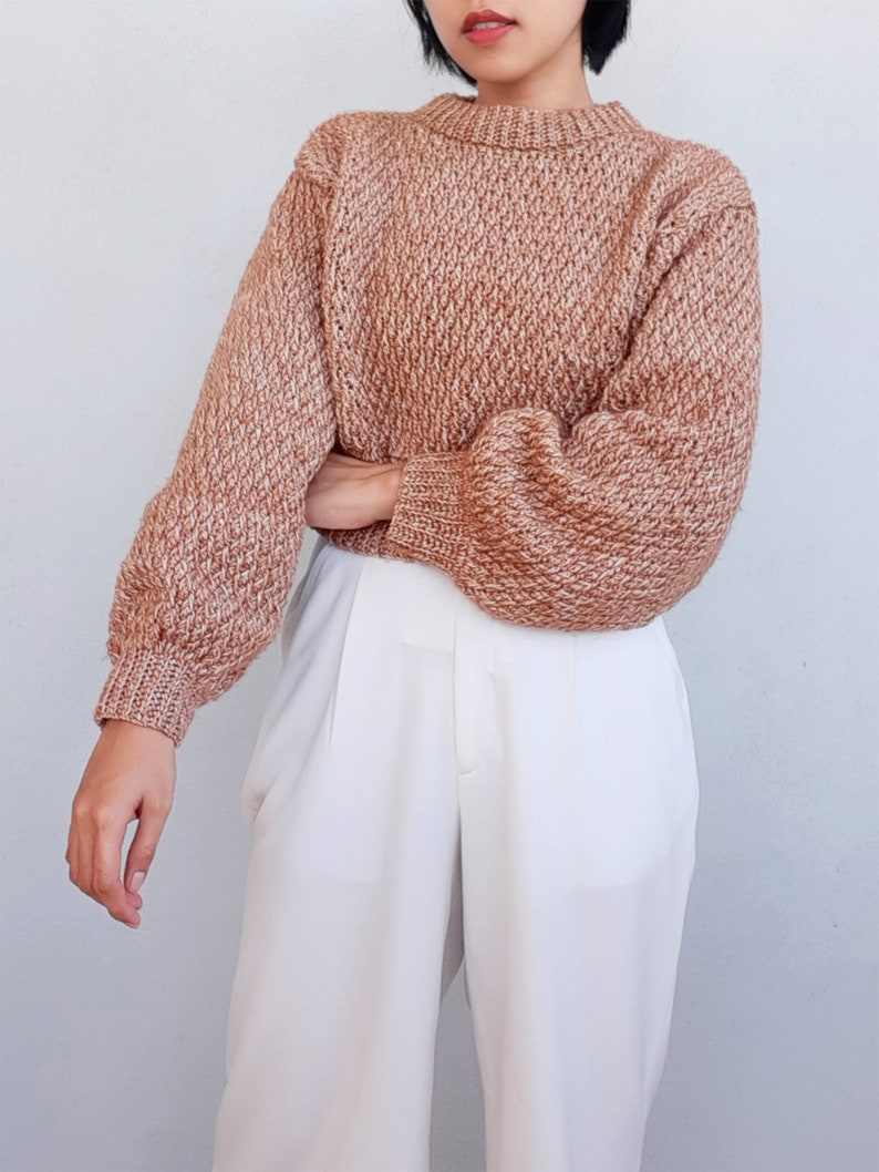 May include: A brown and white speckled knit sweater with long sleeves and a round neckline.