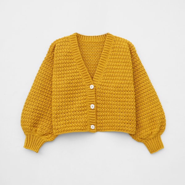 Crochet Balloon Sleeve Cardigan Pattern: Easy V-Neck Sweater (PDF Pattern)