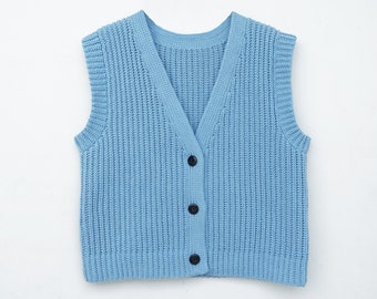 Modèle de gilet côtelé au crochet, Modèle de pull moderne au crochet, Modèle de gilet facile au crochet, Gilet à col en V, Modèle de gilet au crochet