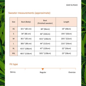 May include: A chart showing sweater measurements in inches and centimeters for sizes XS to XXL. The chart includes bust measurements for both body and finished sweater, as well as length measurements. The chart also includes a fit type scale with skinny, regular, and oversize.