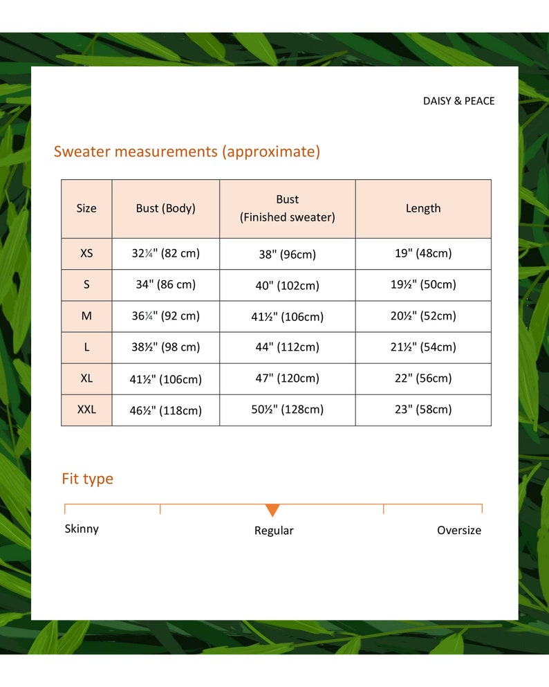 May include: A chart showing sweater measurements in inches and centimeters for sizes XS to XXL. The chart includes bust measurements for both body and finished sweater, as well as length measurements. The chart also includes a fit type scale with skinny, regular, and oversize.