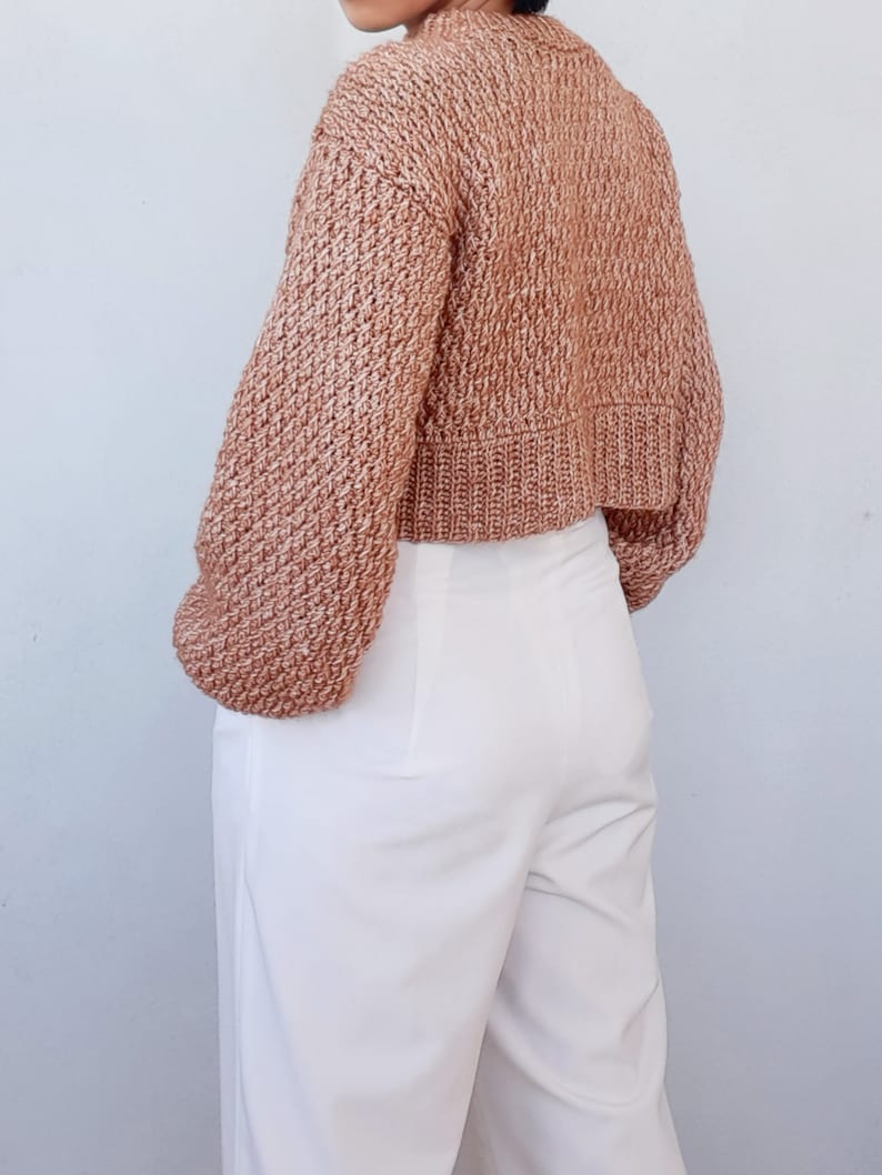 May include: A brown cropped knitted sweater with a textured knit pattern. The sweater has long sleeves and a relaxed fit.