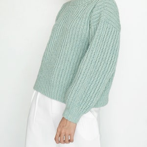Sea Green Trendy Pattern Knit Ribbed Cuffs Crew Neck Sweater main image 0