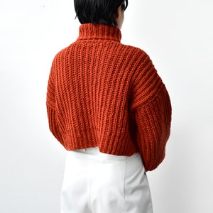 May include: A rust-colored, chunky knit turtleneck sweater with a cropped hem. The sweater is made of a thick, textured yarn and has a relaxed fit.
