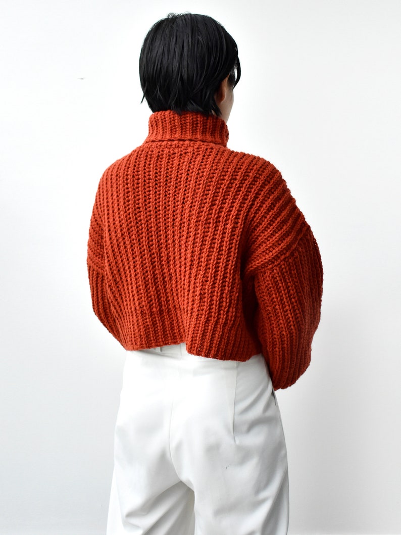 May include: A rust-colored, chunky knit turtleneck sweater with a cropped hem. The sweater is made of a thick, textured yarn and has a relaxed fit.