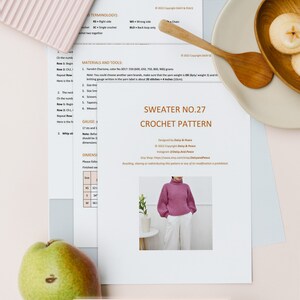 May include: A crochet pattern for a sweater with a turtleneck and long sleeves. The pattern includes instructions for sizes XS, S, M, and L. The pattern is available for download and includes 9 pages.