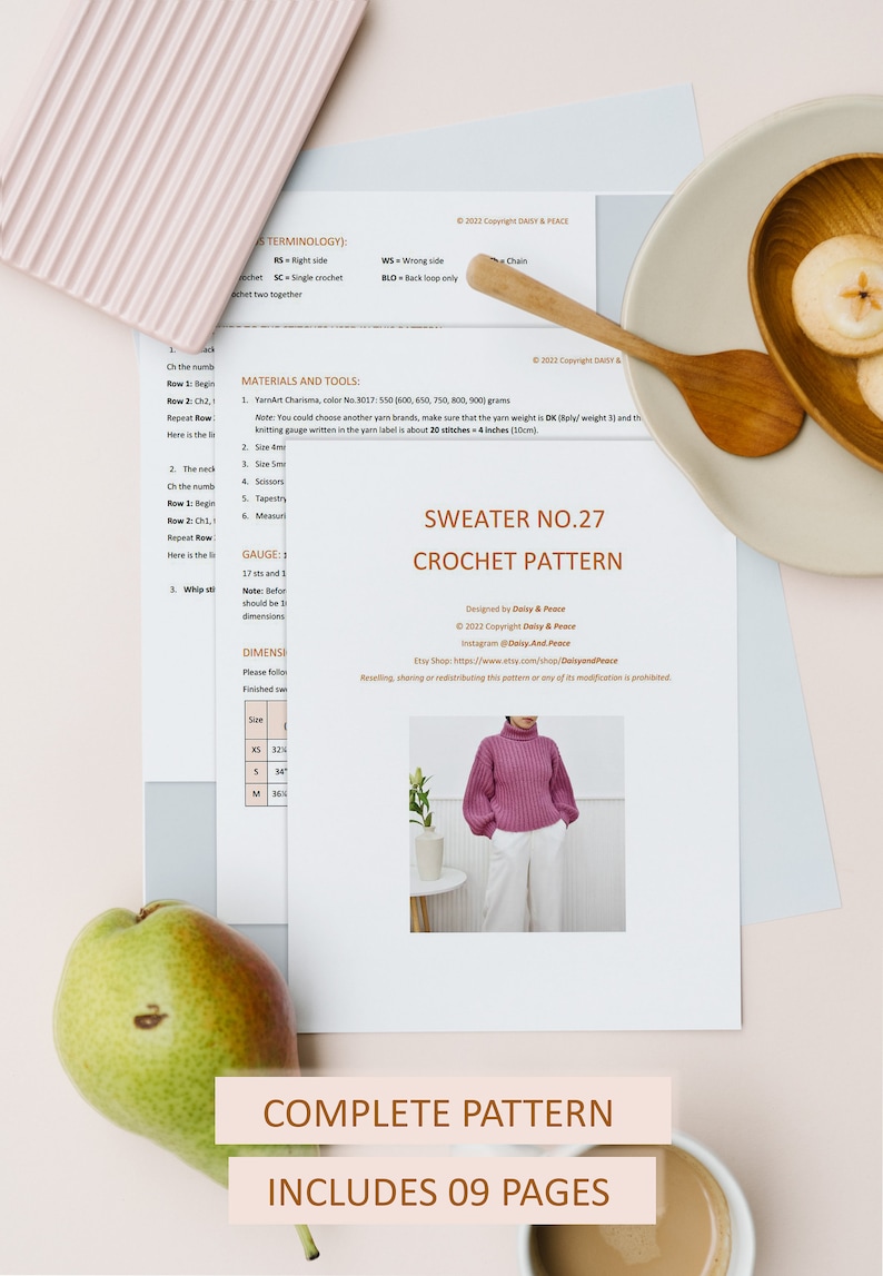 May include: A crochet pattern for a sweater with a turtleneck and long sleeves. The pattern includes instructions for sizes XS, S, M, and L. The pattern is available for download and includes 9 pages.