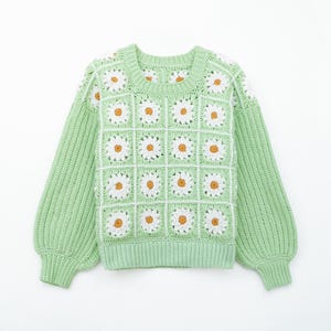 May include: A light green knitted sweater with a crocheted daisy pattern on the front. The sweater has long sleeves and a round neckline.