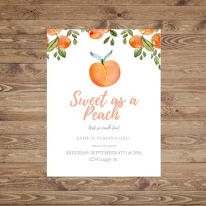 Süß wie ein Pfirsich erste bearbeitbare Leinwandeinladung, Pfirsich erster Geburtstag, Erster Geburtstagsthema, Mädchen erste Geburtstagseinladung, Pfirsich