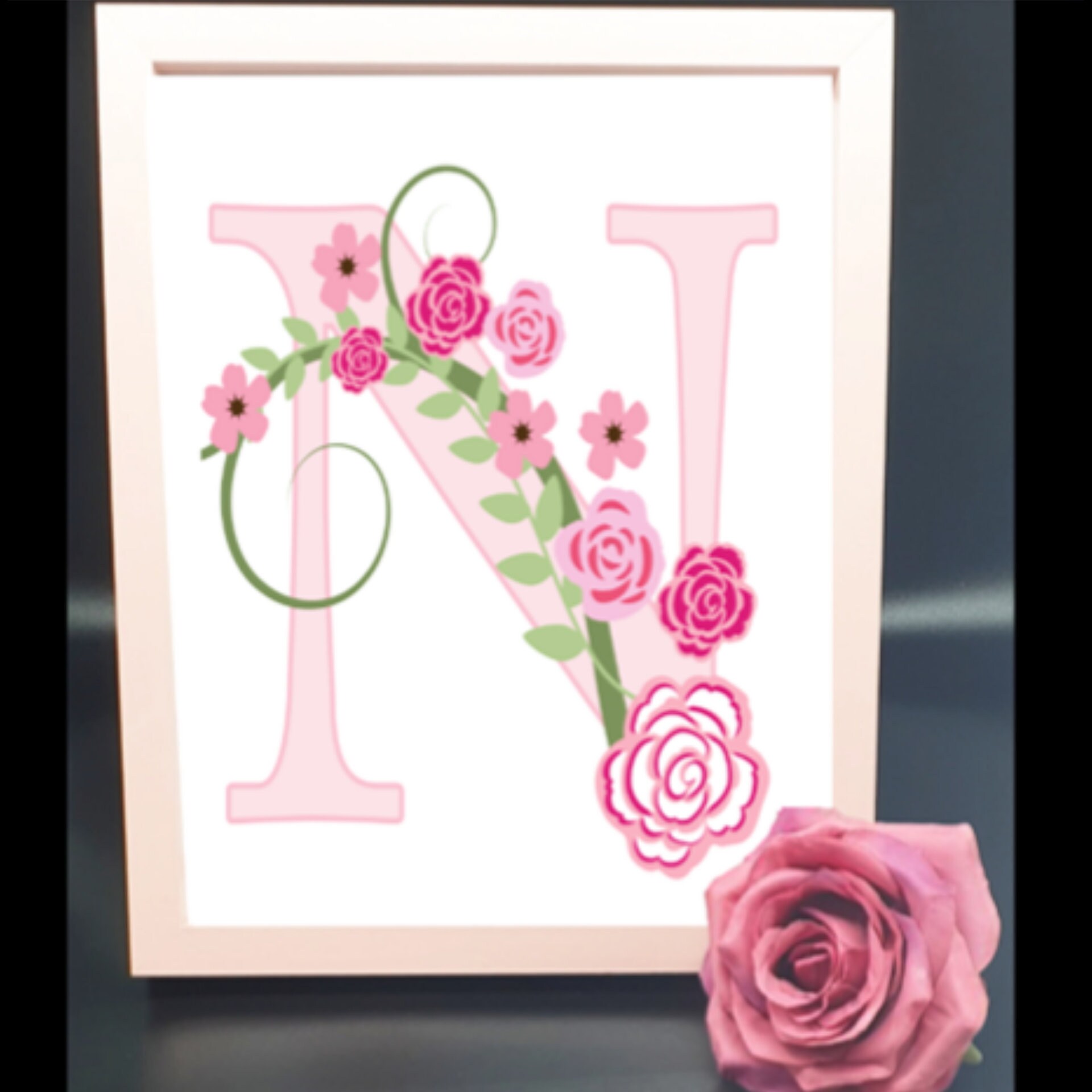 Pink Rose Initial Frame Flower Frame Initial Frame Etsy
