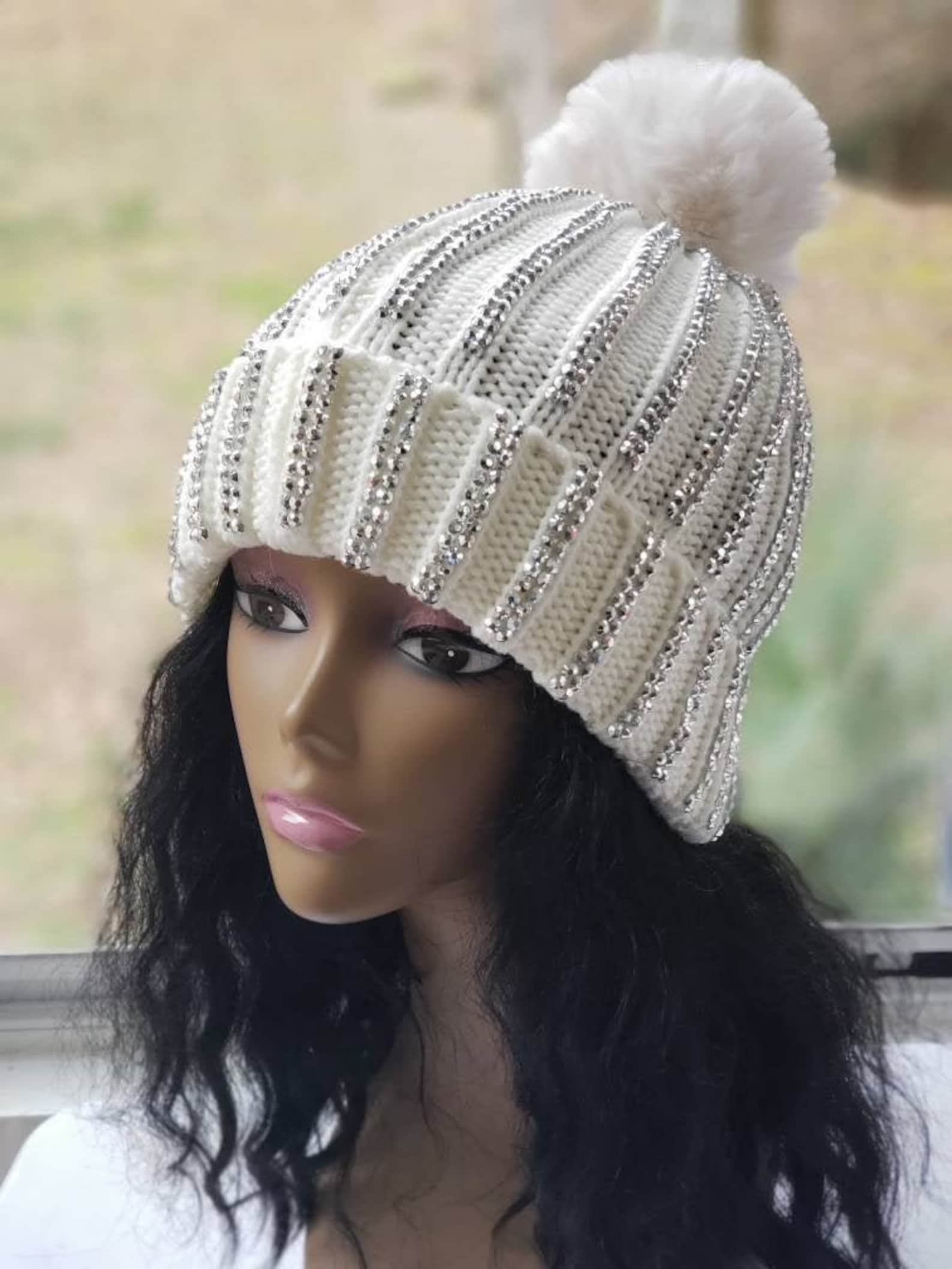 Womens Knitted Beanie Rhinestone Beanie Bling Beanie Etsy