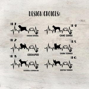 May include: Six different dog breed silhouettes with a heartbeat line and paw print graphic. The breeds are Cocker Spaniel, Cane Corso, Cockapoo, Cairn Terrier, Catahoula Leopard Dog, and Boston Terrier.