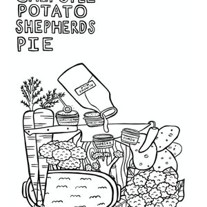 May include: Black and white line drawing illustration of ingredients for a Chipotle Potato Shepherd's Pie recipe. The ingredients include potatoes, cauliflower, carrots, spices, and almond milk.