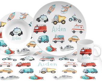 Vehicles Plate, Boy's plate with cars, bus, police car, airplane firetruck, keepsake quality or everyday use, baby gift, child, toddler gift
