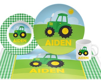 Farm Tractor Plate Set, Keepsake kid's plate, mug, placemat, bowl, Green Tractor in field, Cute Tractor gift, boy or girl