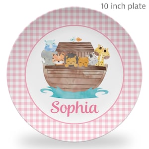 Noah&#39;s Ark Plate Girl Personalized Plate with name baby gift animals ark animals baby gift pink